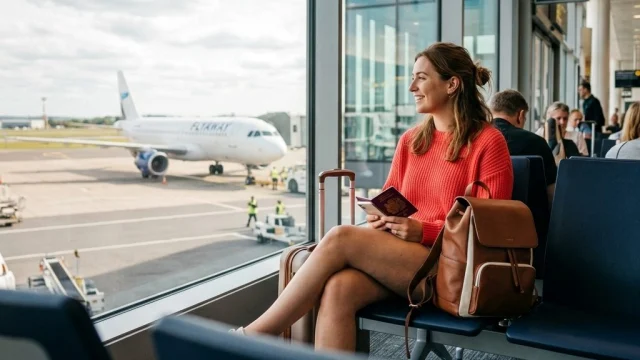 Traveller looking at flight deals on a laptop, representing Mytrip UK travel savings and holiday booking services.