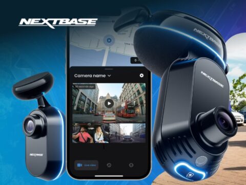 Nextbase dash cam mounted on a car windscreen for smart driving security and road safety in the UK.