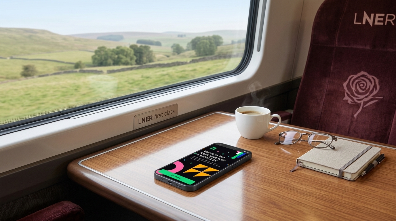 LNER First Class train carriage interior with plush rose-embroidered seat and table