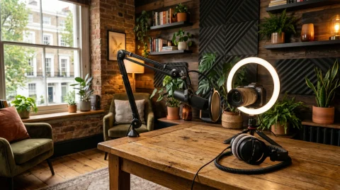 Aesthetic home creator studio with broadcast microphone, ring light and camera for viral TikTok video content