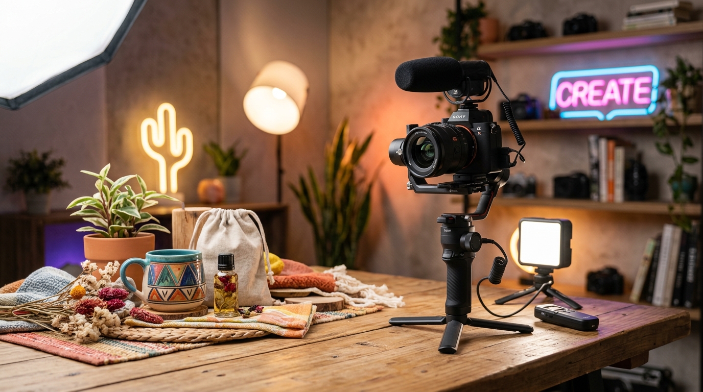 Flatlay workspace with concept storyboard notebook, camera, studio headphones, and coffee