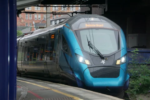 Transpennine Express Class 397 Civity train arriving at Manchester Piccadilly station for Manchester Airport.