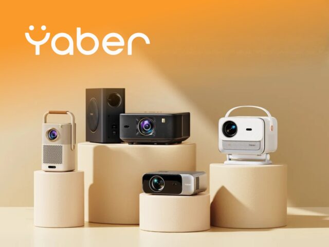 Yaber home cinema projector displaying a high-definition movie in a modern living room for home entertainment.