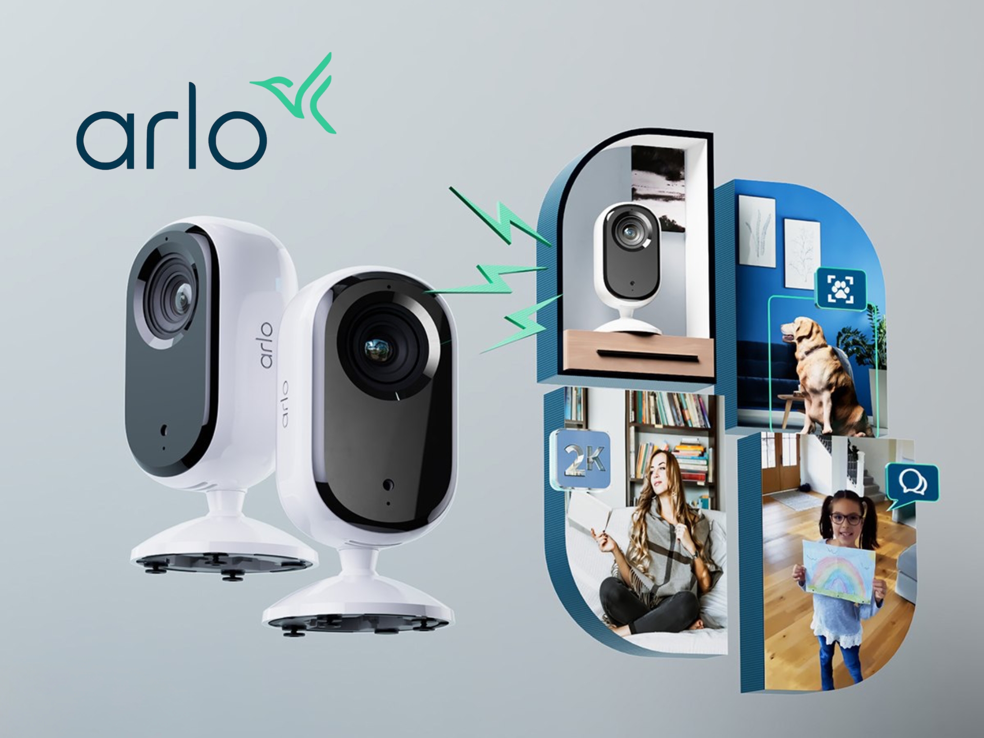 Arlo smart home security system protecting a modern UK house. Explore Arlo wireless cameras & smart devices.
