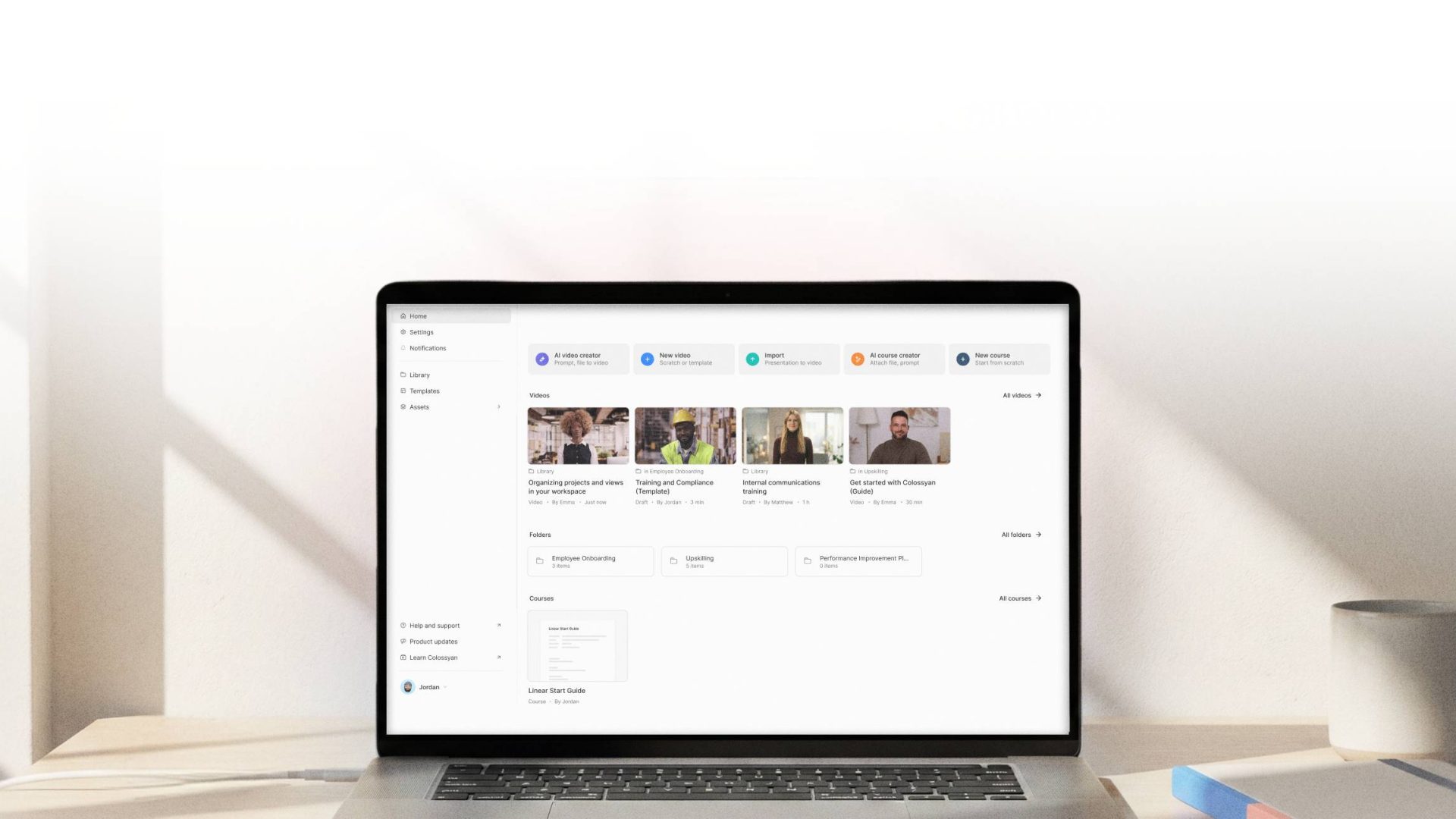 Colossyan AI platform interface showing professional video creation software for corporate training and communication.
