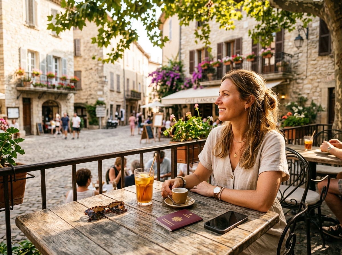 Solo traveler at an outdoor European cafe terrace with espresso, passport, and smartphone