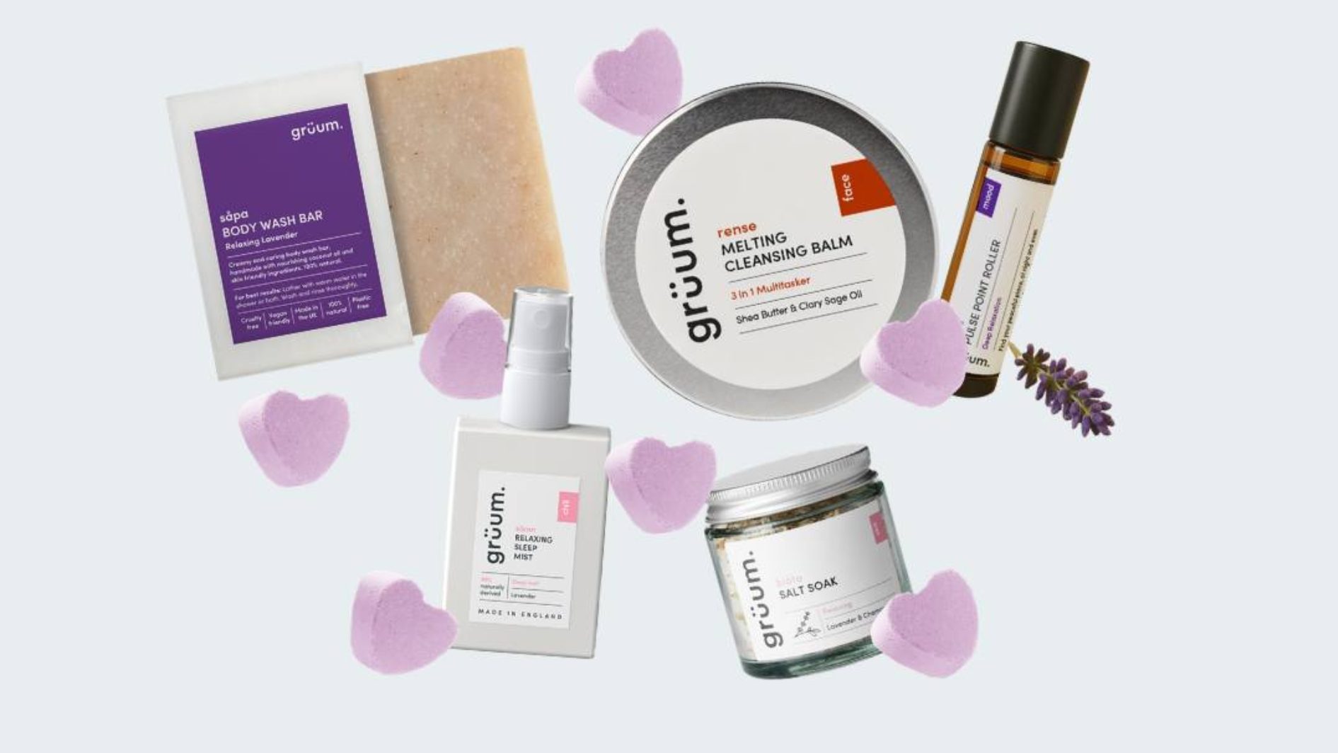 grüum skincare and grooming products displayed on a clean surface for a promotional brand offer