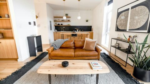 Stylish modern open-plan living room with brown leather sofa, contemporary kitchen, and elegant home decor inspiration.