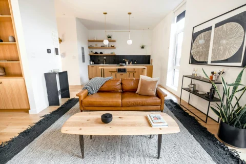 Stylish modern open-plan living room with brown leather sofa, contemporary kitchen, and elegant home decor inspiration.