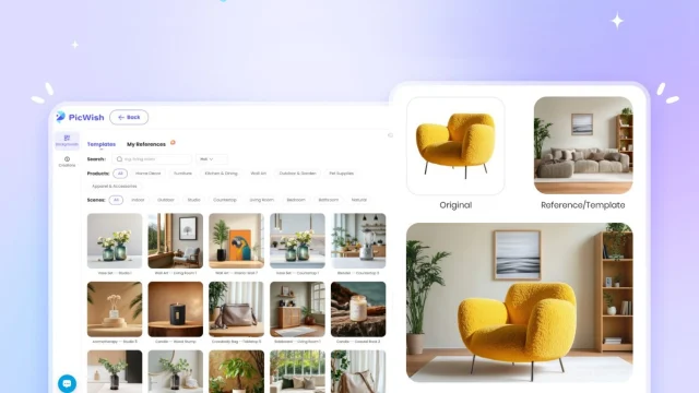 PicWish AI interface showing professional photo editing tools for background removal and image enhancement.