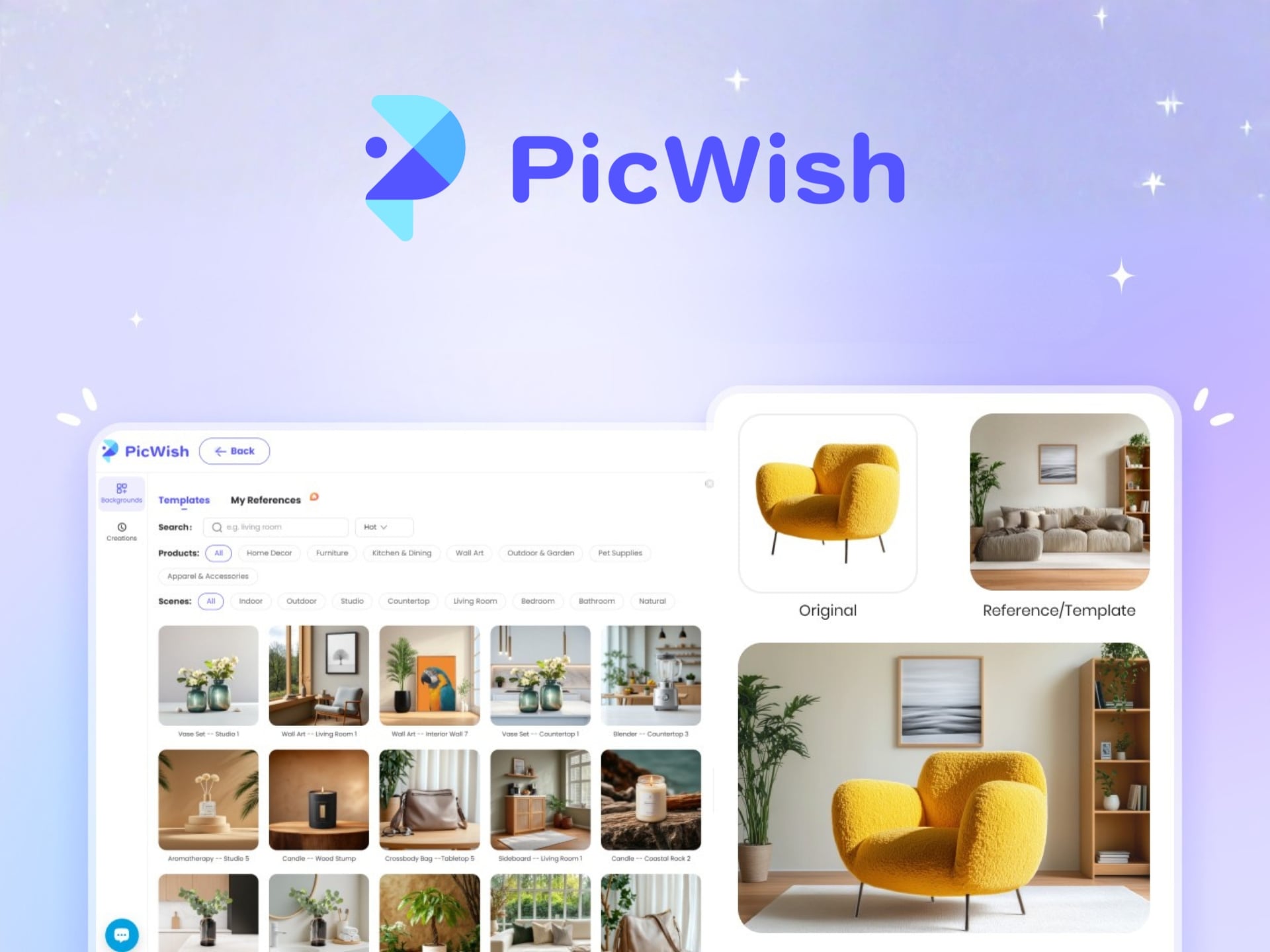 PicWish AI photo editor interface showcasing professional image enhancement and background removal features.