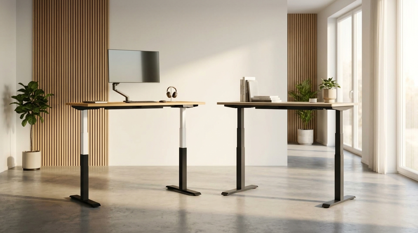 Side-by-side comparison of the Desktronic HomePro and FlexiSpot E7 standing desks in a modern home office