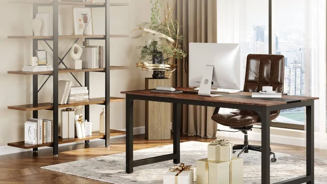 Tribesigns modern home office furniture set featuring a sleek desk and storage shelving in a contemporary living space.