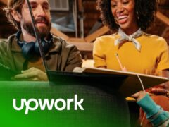 Upwork brand cover featuring professional freelance talent and remote work solutions for global businesses.