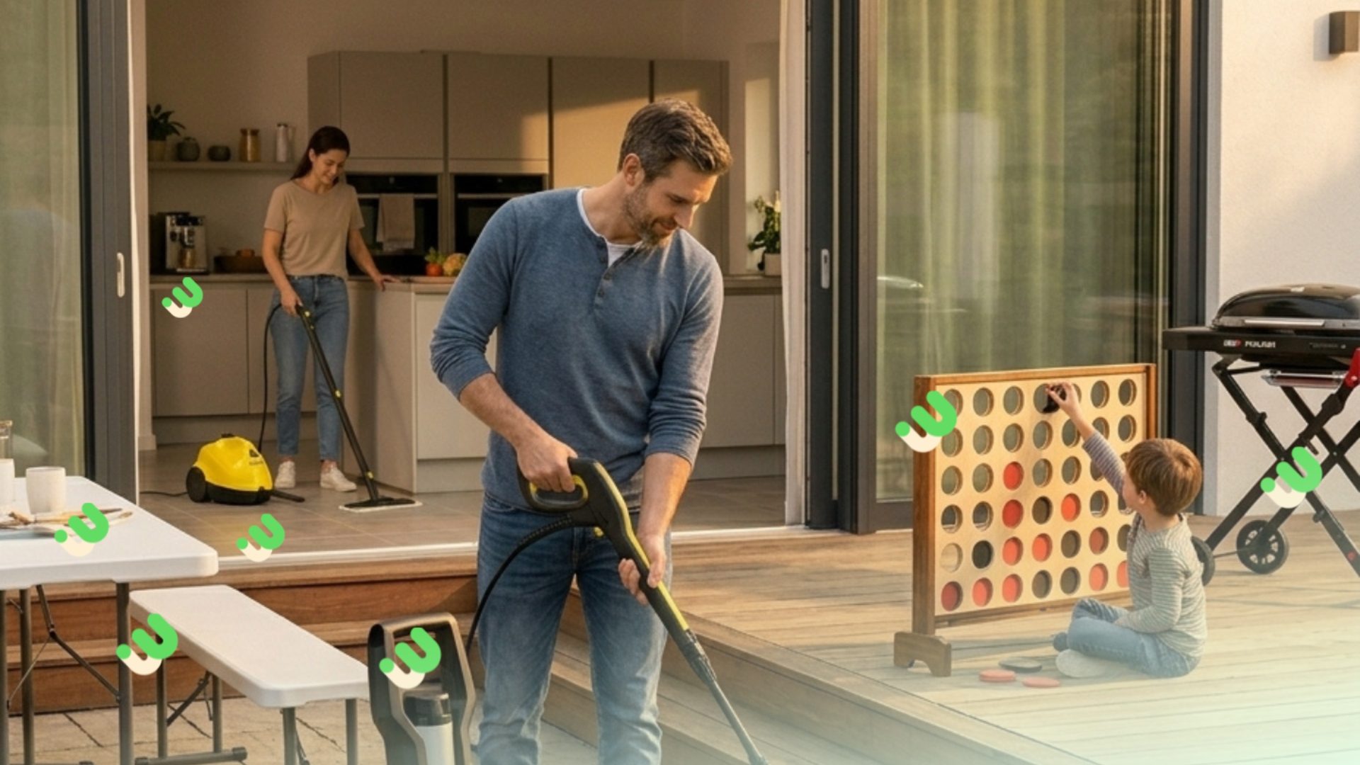 A family using rented cleaning equipment and party games on a patio in a modern UK home setting.