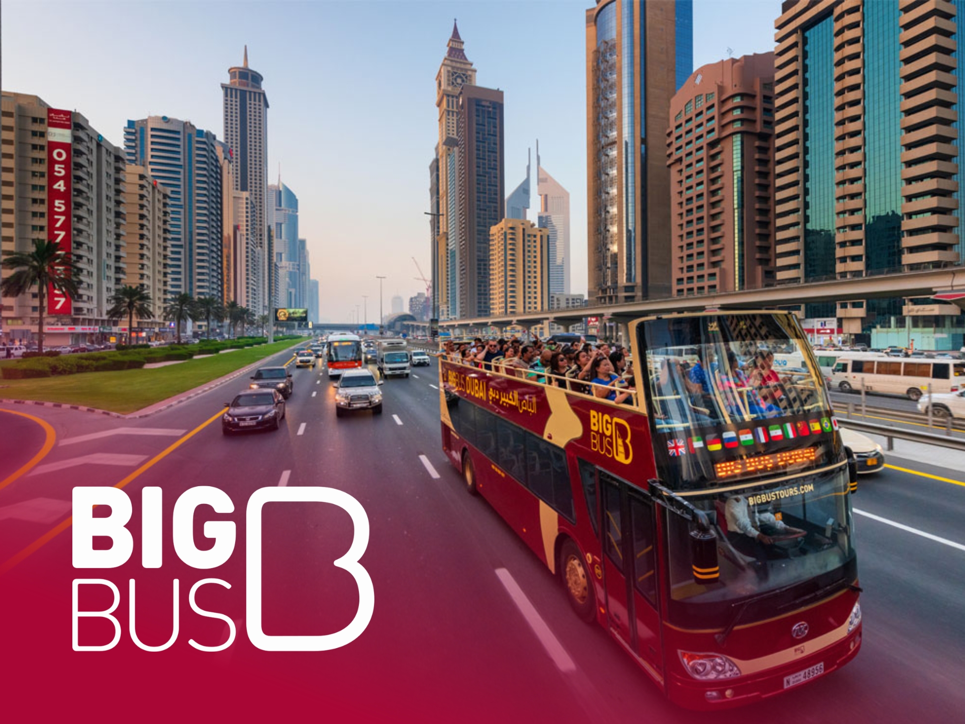 Big Bus Tours open-top sightseeing bus with happy tourists exploring an iconic city. Book your next city tour.