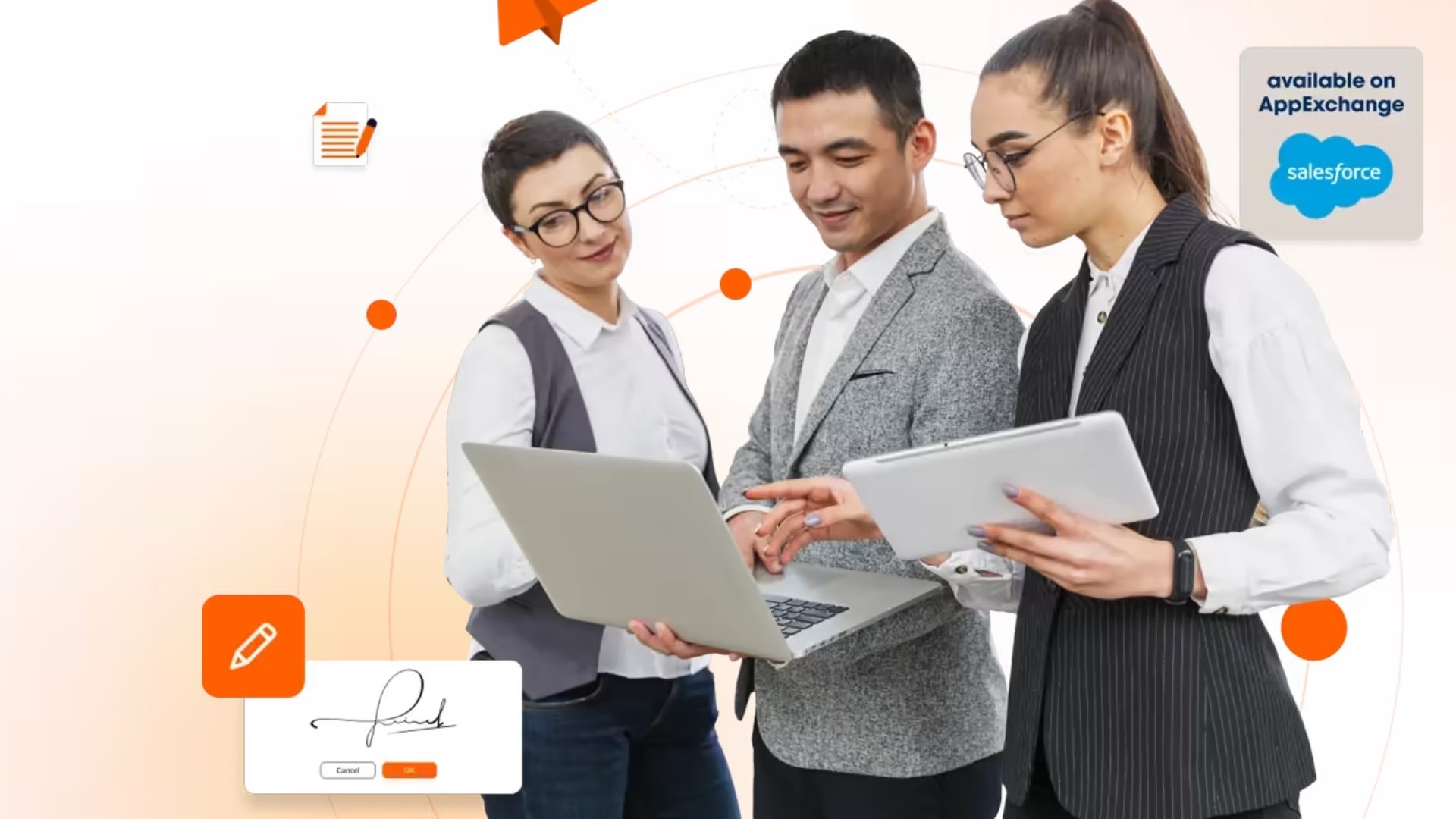 Three professionals collaborating on digital document management and e-signatures using a laptop and tablet.