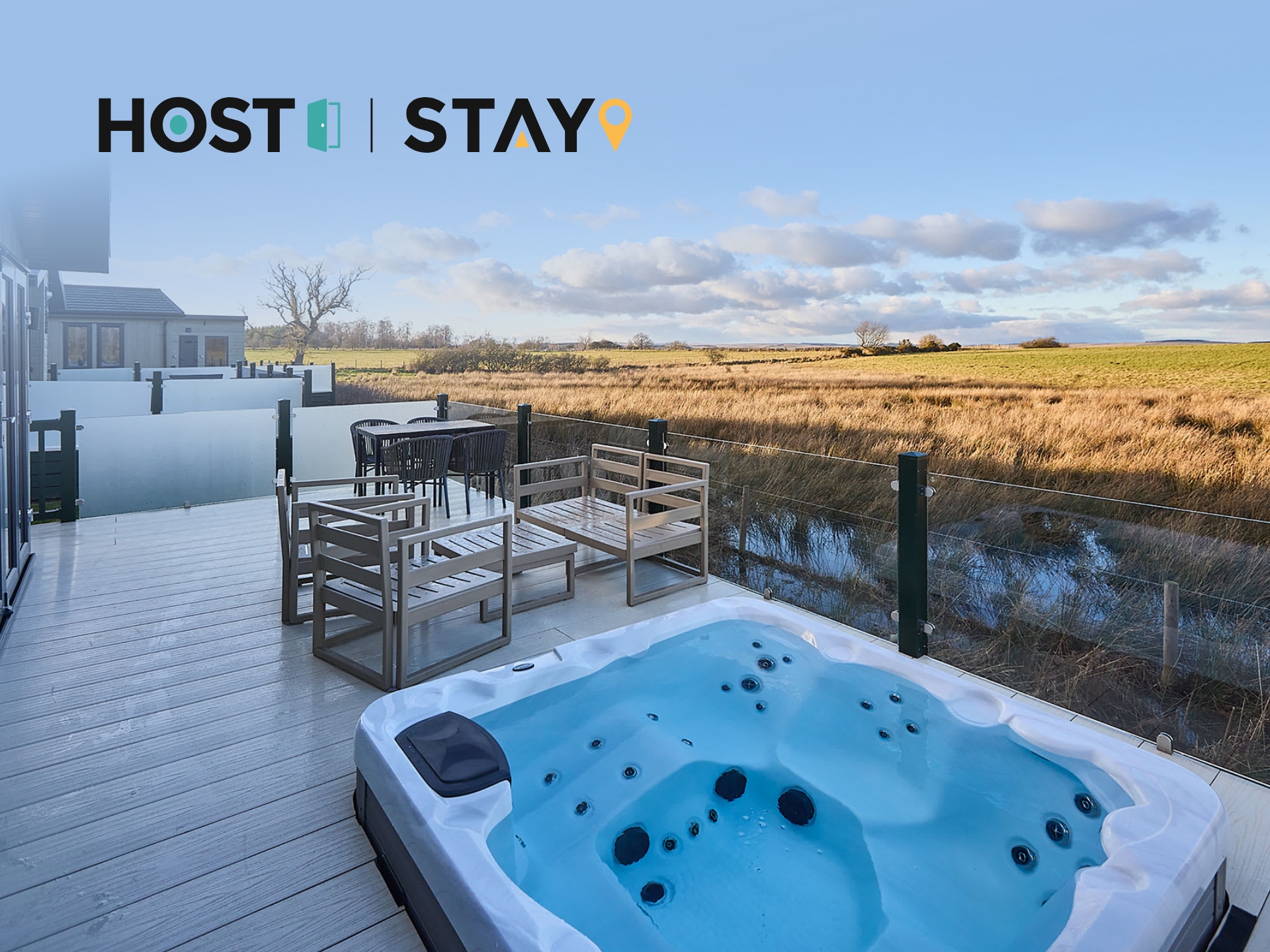 Host & Stay branding with a modern, stylish holiday home interior, ideal for UK getaways and bookings.