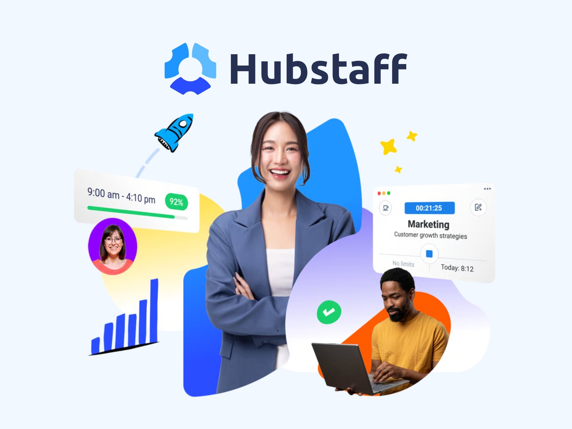 Hubstaff brand cover image showcasing time tracking software interface with team collaboration features.