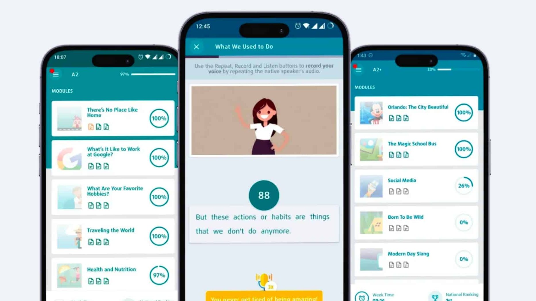 Learn Laugh Speak mobile app interface showing English language learning modules and AI speech feedback scores.