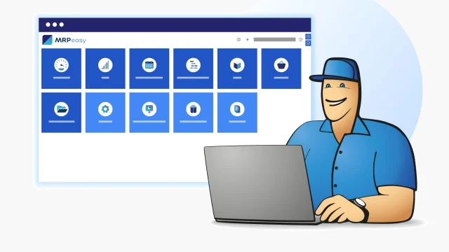MRPeasy manufacturing software interface displayed on a laptop screen for efficient production planning and control.