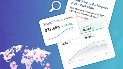 Rank Math SEO plugin branding cover image featuring professional software interface design for website optimisation.