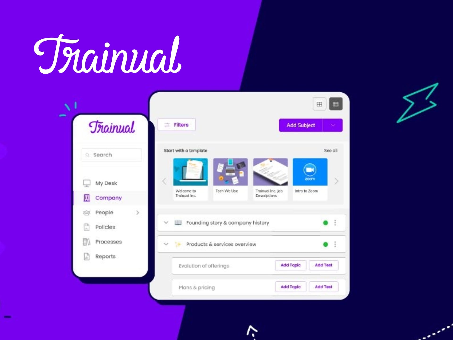 Trainual brand logo with 'Trainual' text in a modern, sans-serif font, against a clean, professional background.