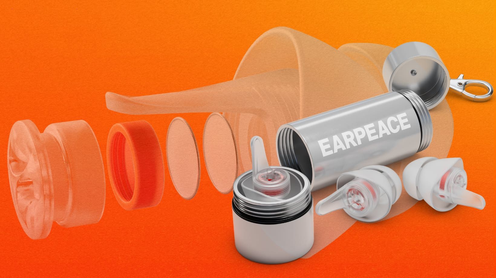 EarPeace ear plugs in a sleek carrying case, representing premium hearing protection for concerts and daily use.