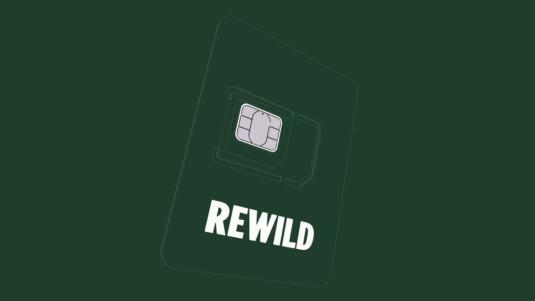Rewild Mobile SIM card concept graphic on a dark green background representing ethical carbon-neutral mobile connectivity.