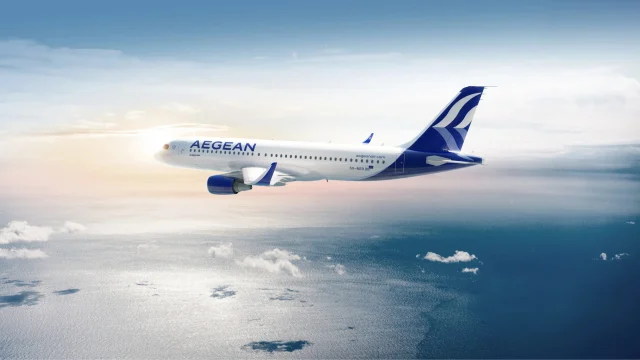 Aegean Airlines aircraft flying over the Greek islands, representing premium travel and holiday flight deals.