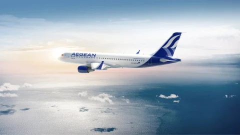 AEGEAN Airlines aircraft flying over the Aegean Sea, representing premium travel and flight booking deals.