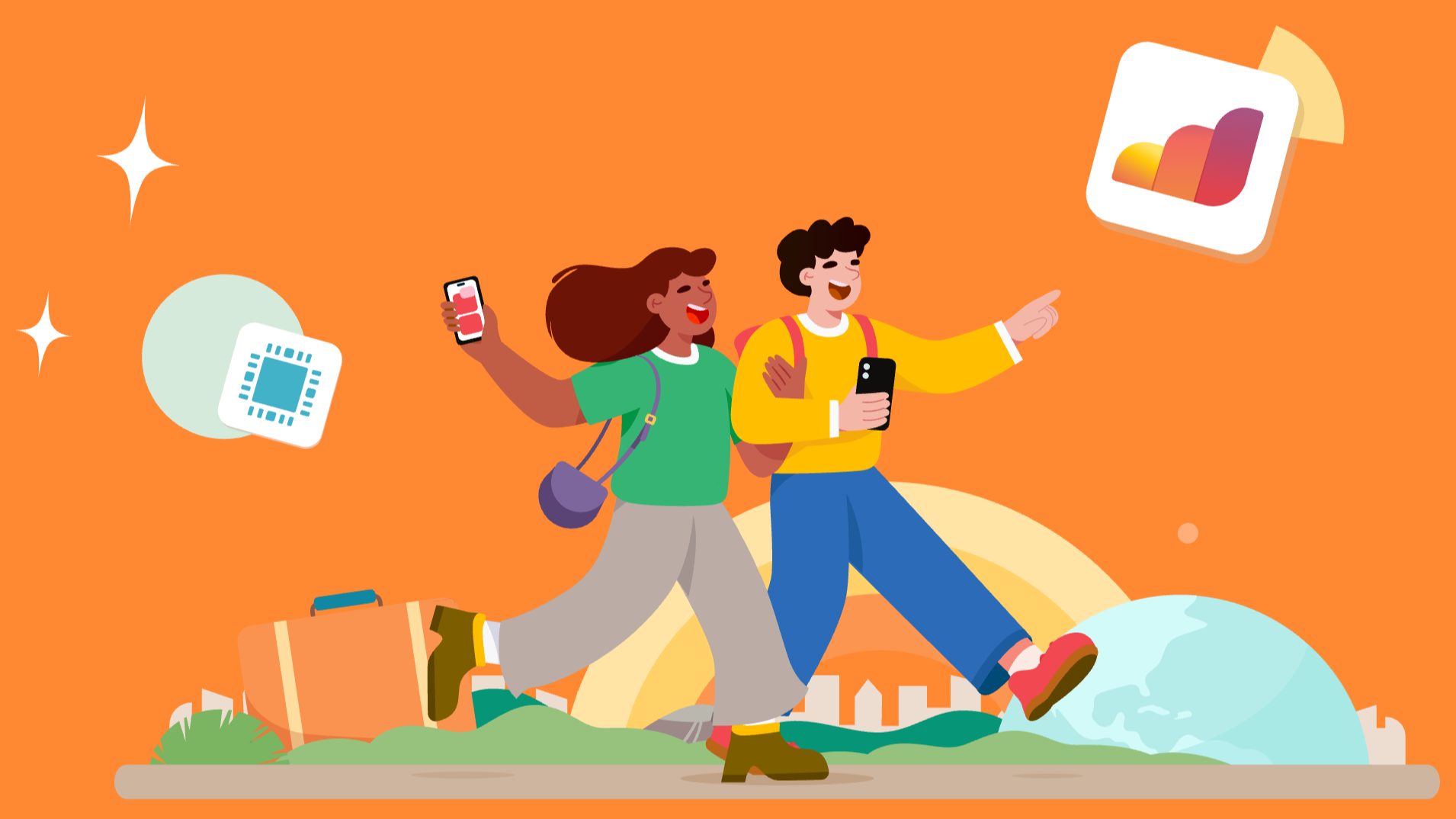 Illustration of two travellers using smartphones with eSIM icons against an orange background.