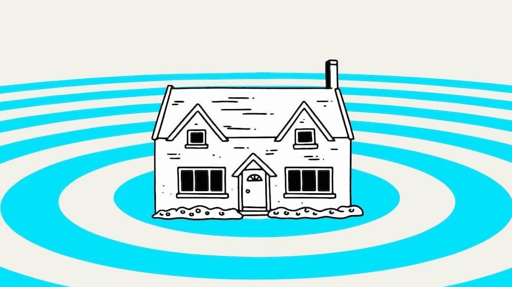 A line-art illustration of a detached house surrounded by concentric blue ripples representing high-speed broadband signal.