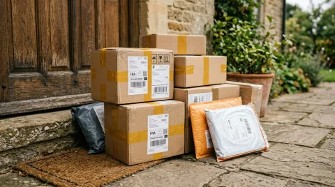 International delivery parcel boxes, courier packaging and shipping parcels delivered to a UK home doorstep