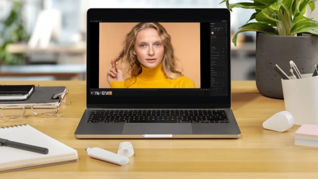 Skylum Aperty software interface showing professional portrait retouching tools and AI-powered image editing features.