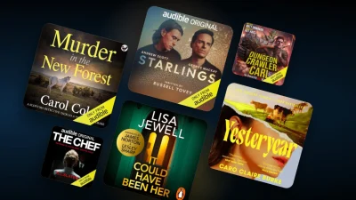 Audible logo and branding on a digital screen, representing audiobook subscription deals and savings for UK listeners.