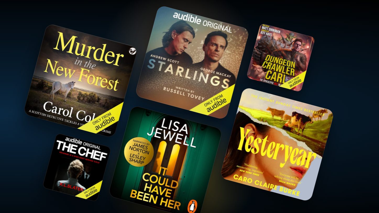 A collection of Audible Original and best-selling audiobook covers featuring various genres on a dark background.