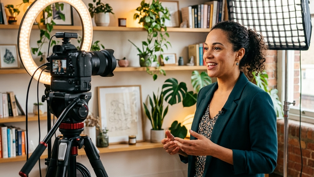 Content creator in a teal blazer presenting to a professional 4K cinema camera in an editing studio