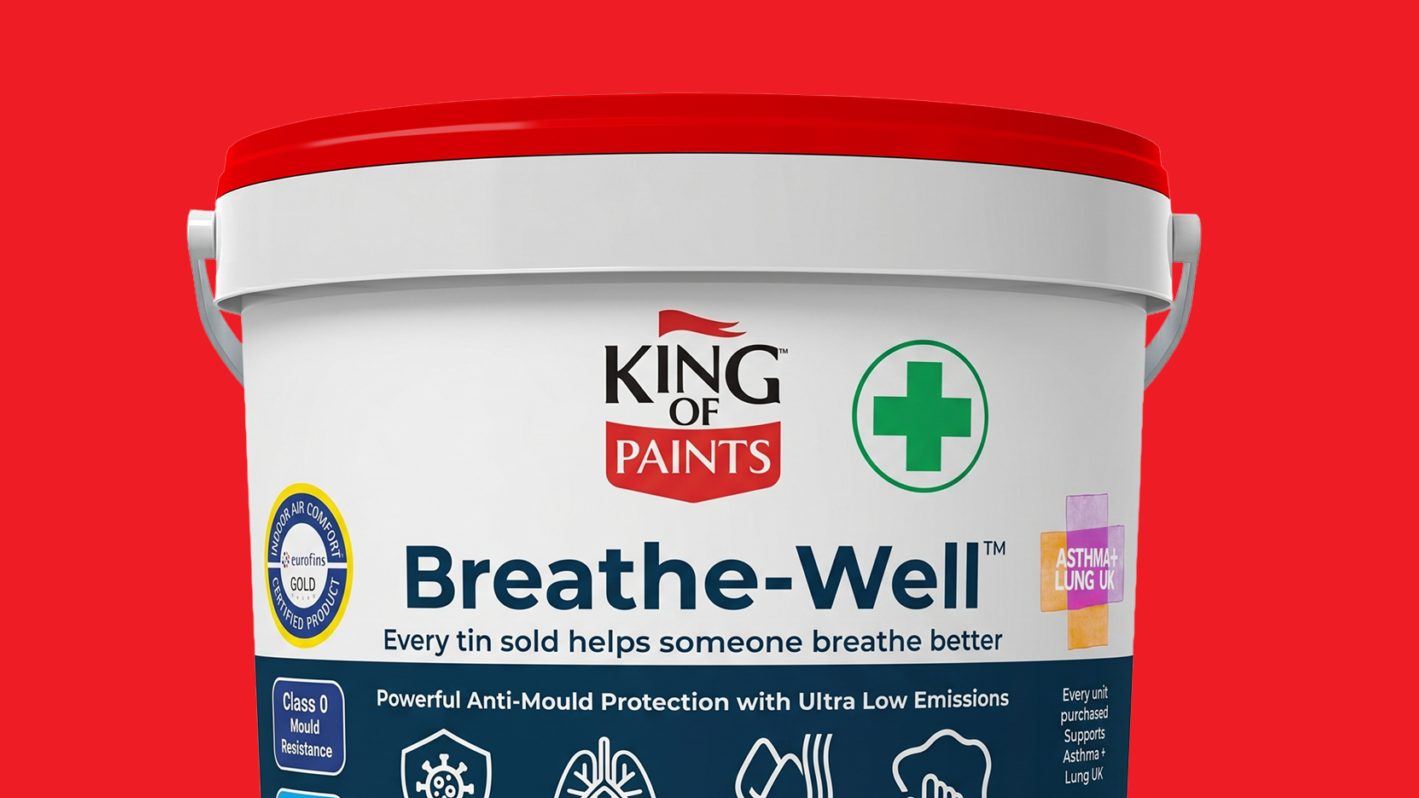 King of Paints premium exterior masonry paint tin displayed in a professional home improvement setting.