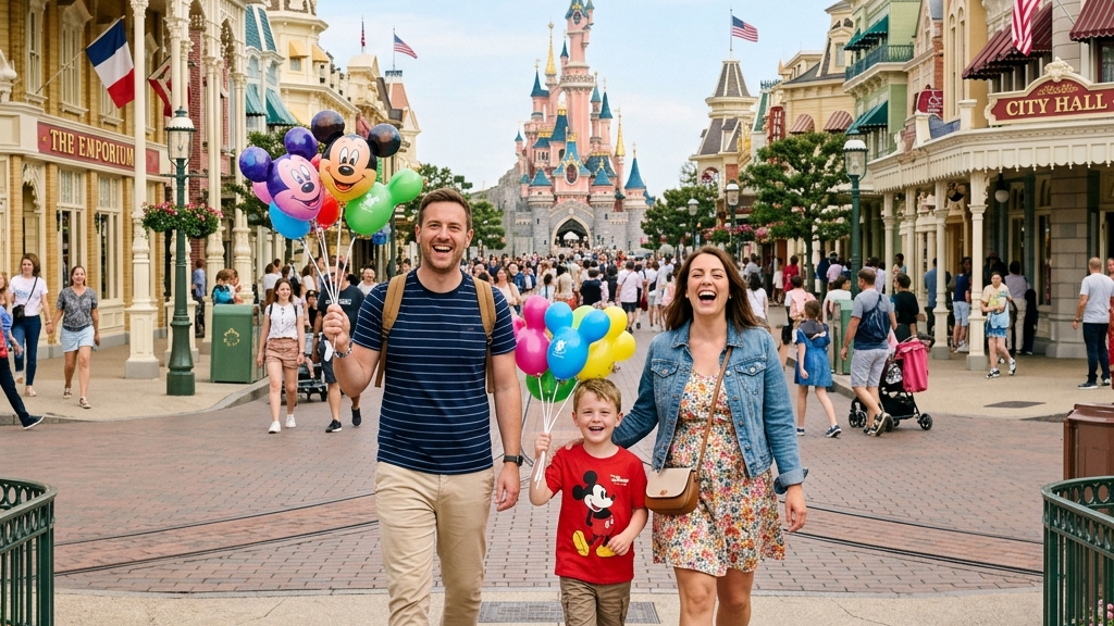 Family holding Mickey Mouse balloons walking down Main Street, U.S.A. towards Sleeping Beauty Castle at Disneyland Paris