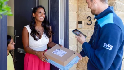 Evri parcel delivery service branding with courier package tracking and home delivery solutions in the UK.