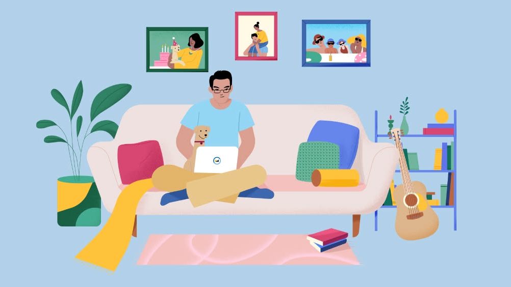 A person sitting on a sofa with a dog, working on a laptop in a cosy, modern living room setting.