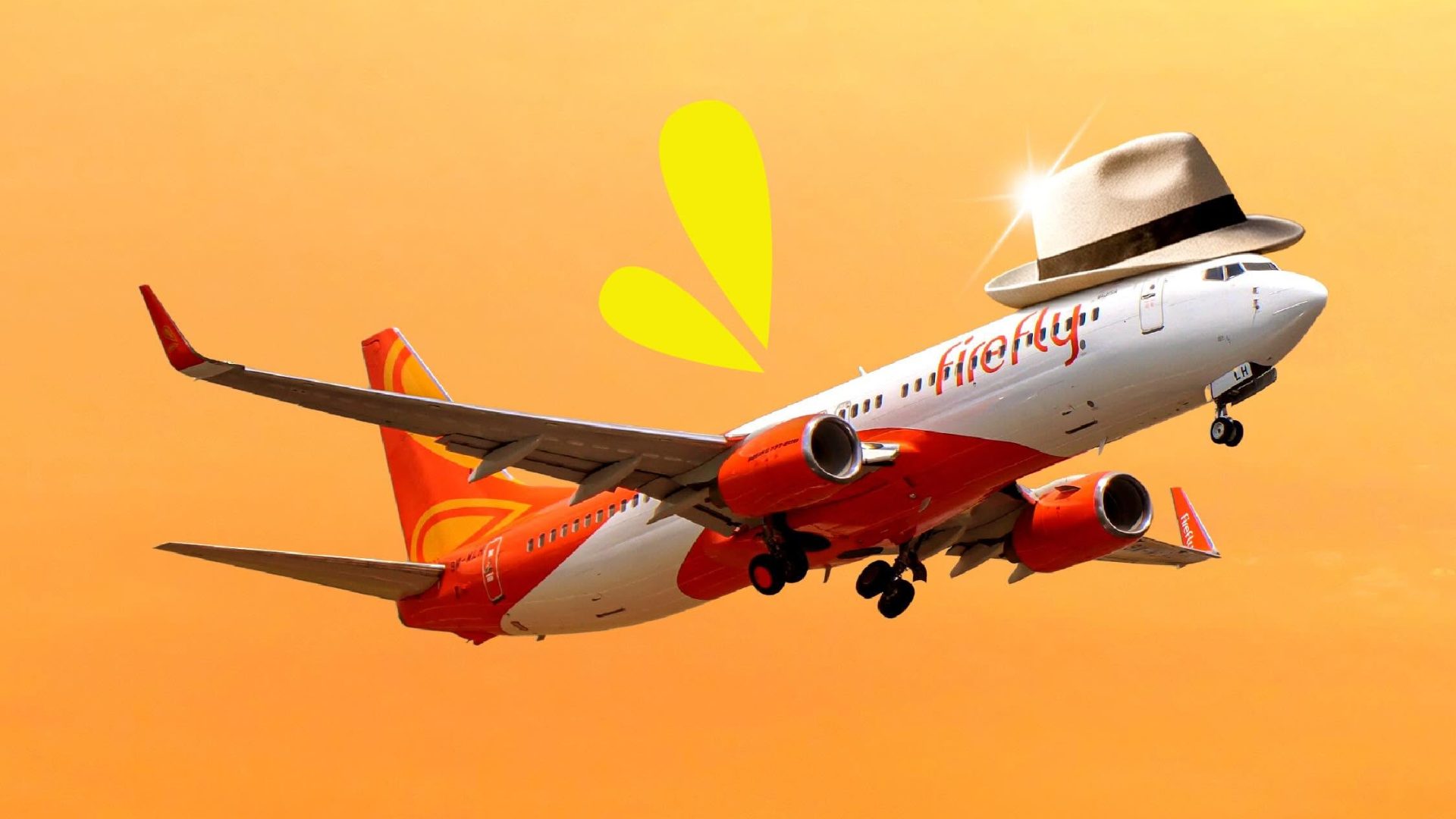A Firefly Airlines passenger jet flying against an orange sky, wearing a fedora hat with a yellow graphic element.
