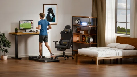 FlexiSpot ergonomic standing desk in a modern home office setup for improved posture and productivity.