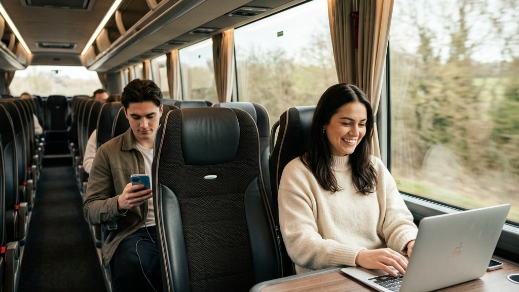 Passengers inside a modern Flibco coach with laptop on table seat by the window