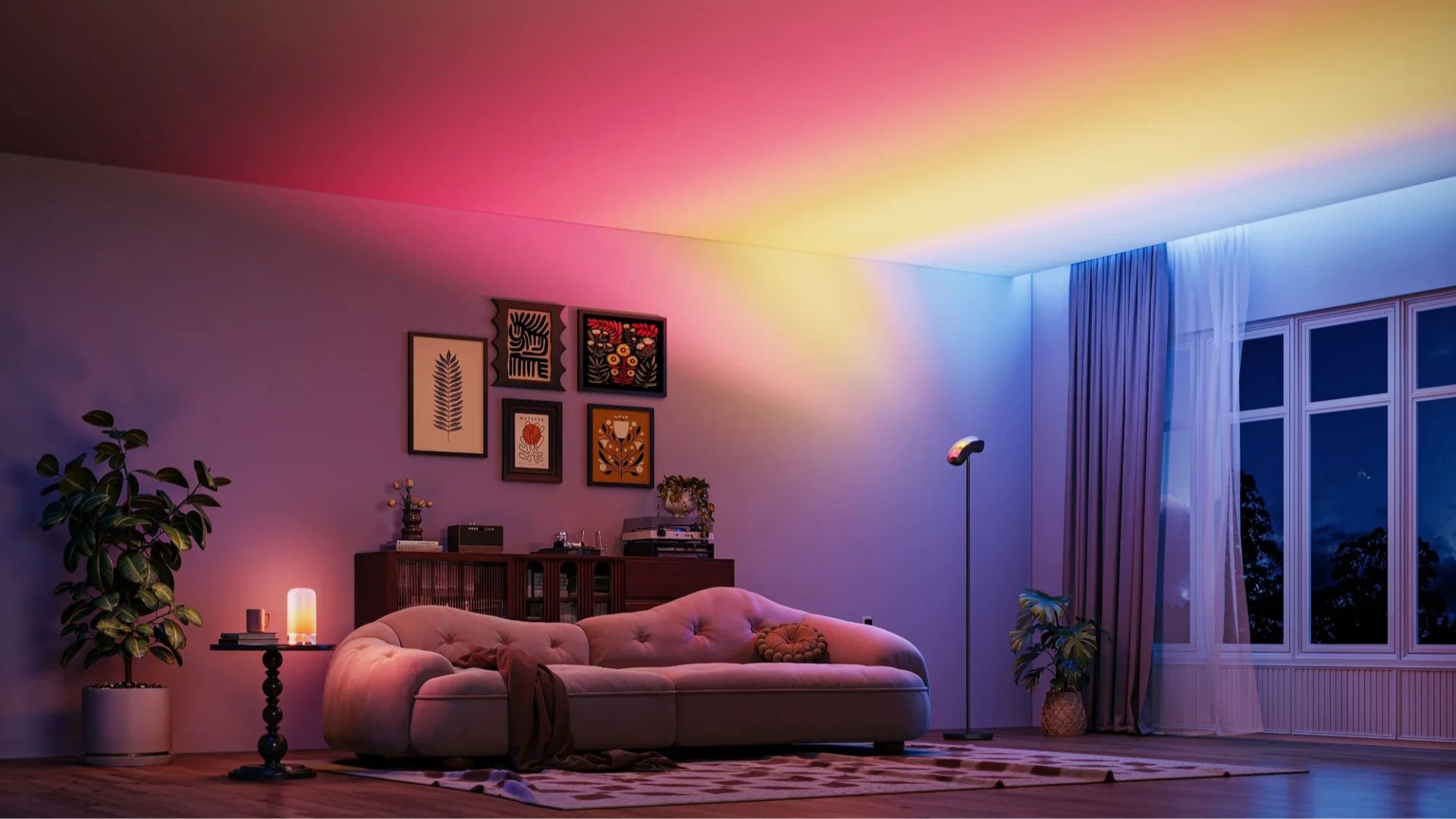 Govee smart LED lighting setup in a modern UK living room, showcasing vibrant colour-changing ambient home decor.