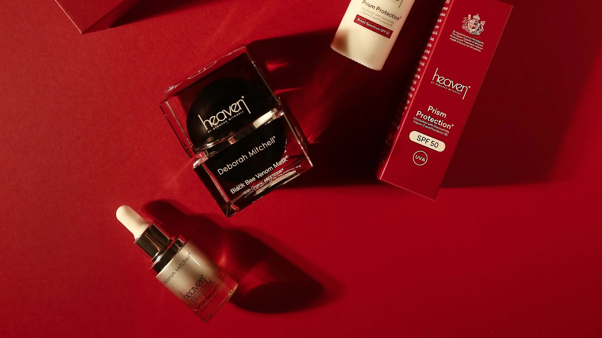 Heaven Skincare luxury beauty products arranged elegantly for a premium skincare routine and glowing complexion.