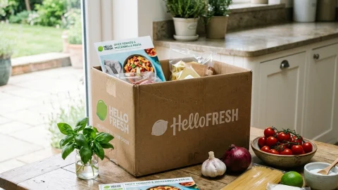 A HelloFresh meal kit box on a kitchen counter, representing our honest review of the UK food subscription service.