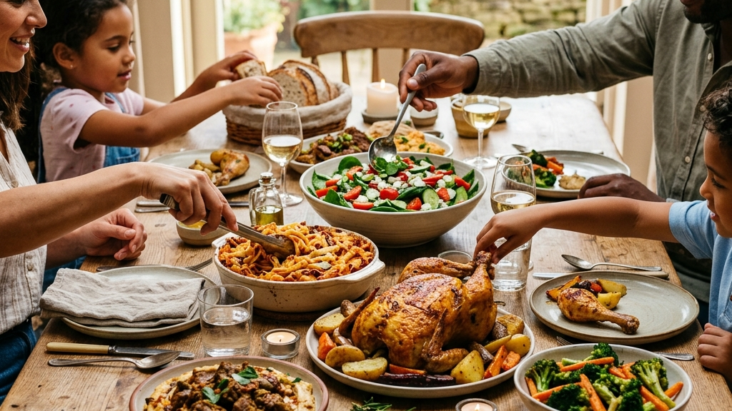 Family seated around dining table sharing a home-cooked meal