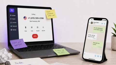 KrispCall cloud telephony platform interface displayed on a laptop screen for business communication and call management.